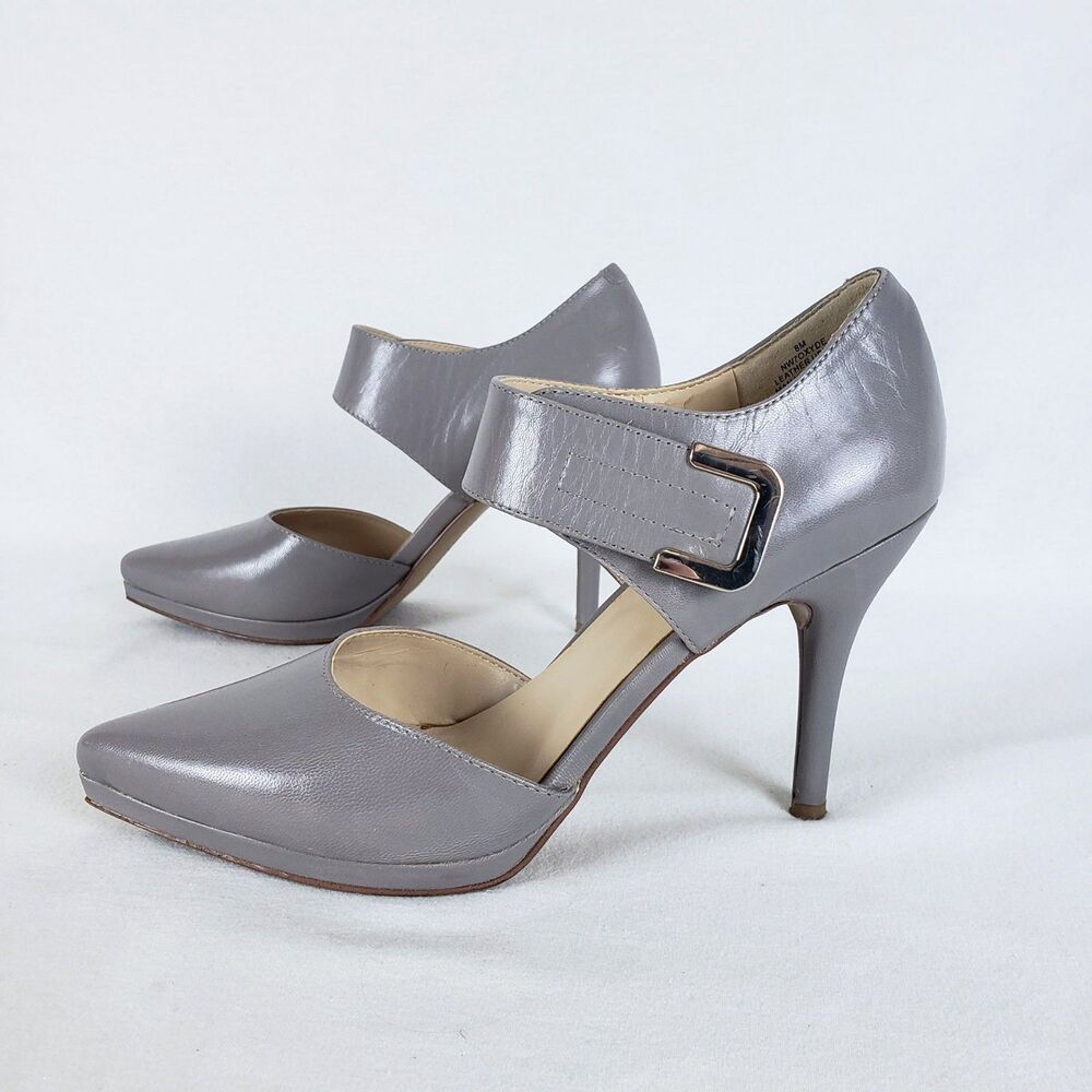 Nine West pointed Toe Pumps Womens 8 Gray Leather Ankle Strap Minimalist Office